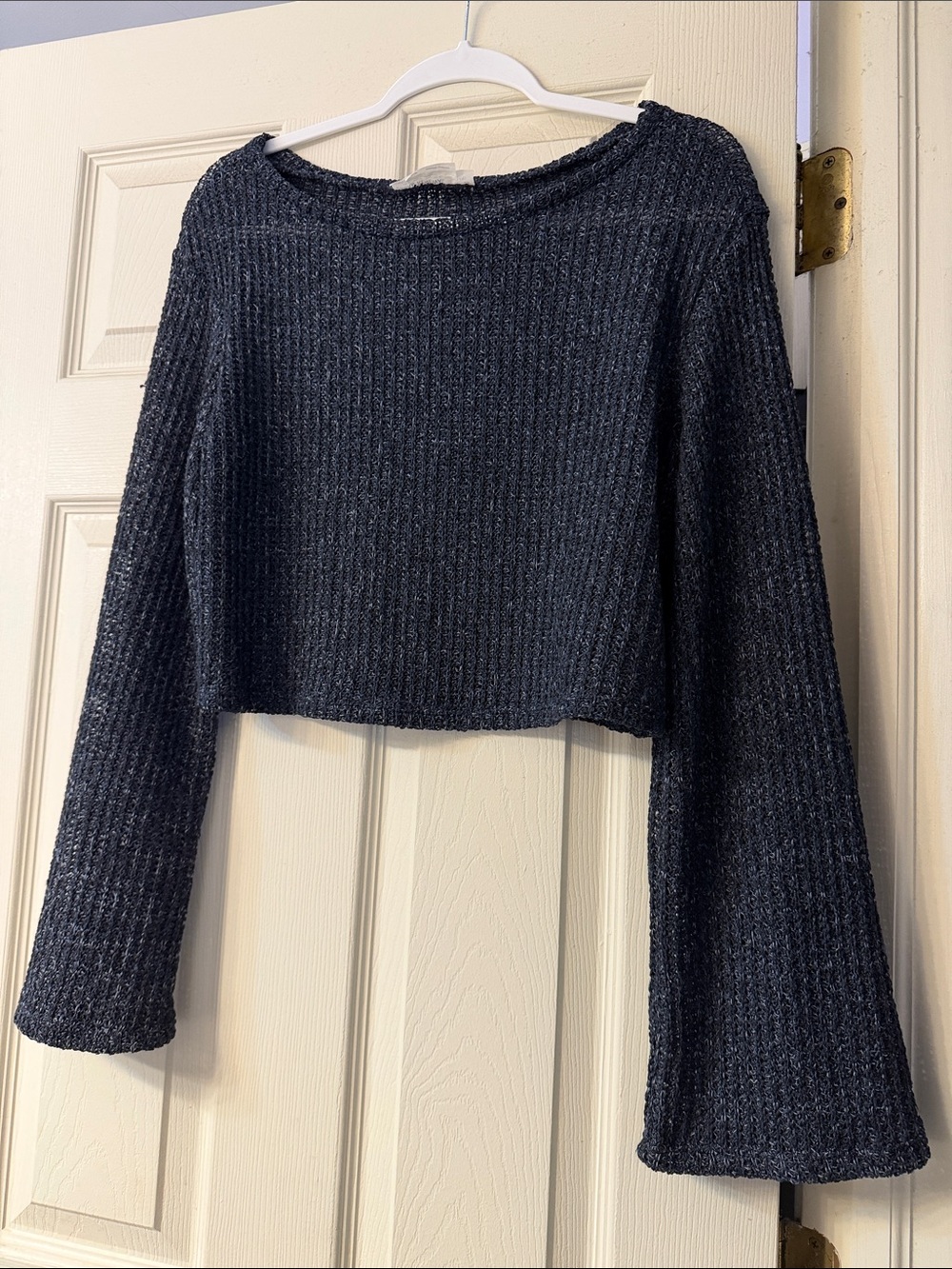 Urban Renewal Cropped Knit Long-Bell Sleeve Sweater in Dark Navy
